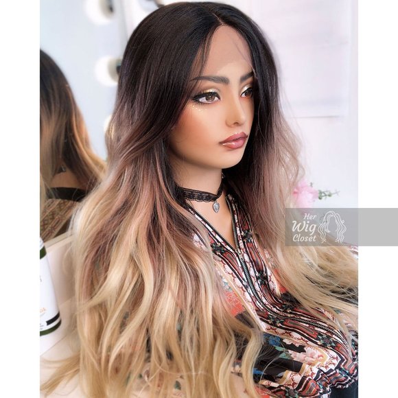 26" Ombre Ash Blonde Long Wig W/ Dark Roots| Chloe - Picture 9 of 9